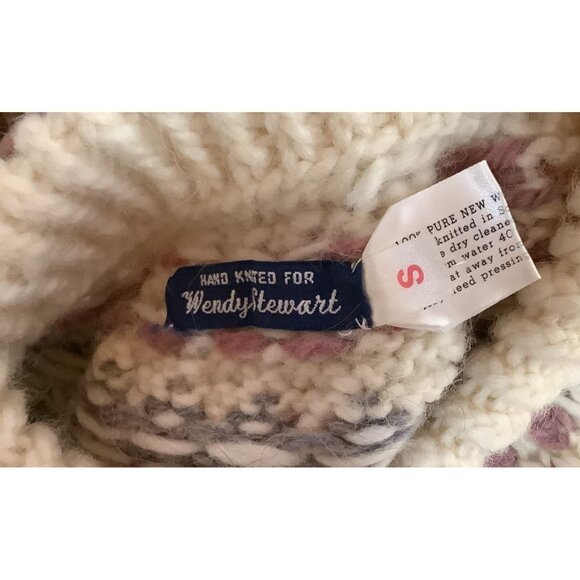 Hand Knit Fair Isle Sweater Wendy Stewart Pure Wool Beige Green Brown Sz S - Picture 5 of 6